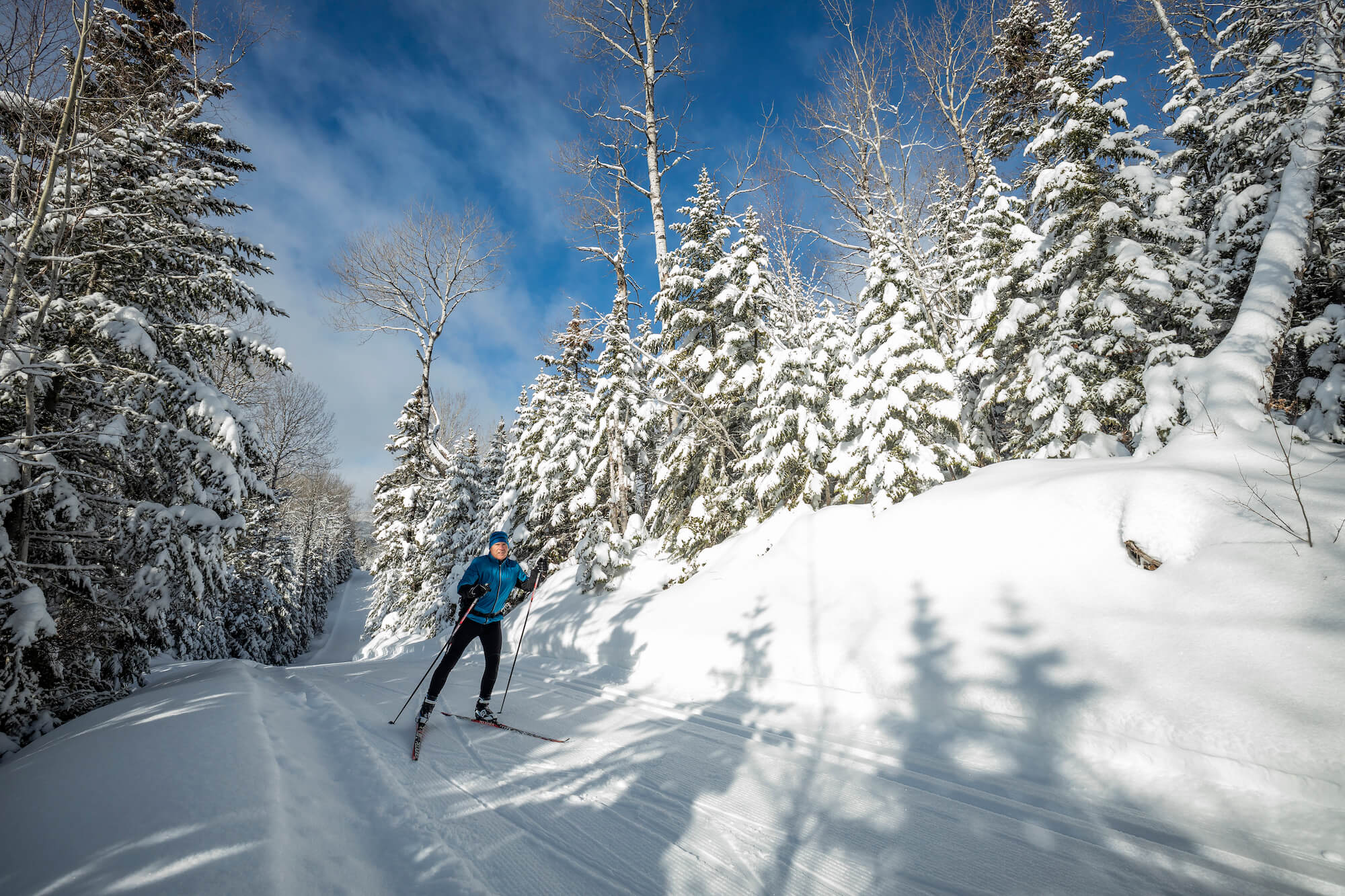 Cross-country skiing trail in the forest at Mont Grand-Fonds